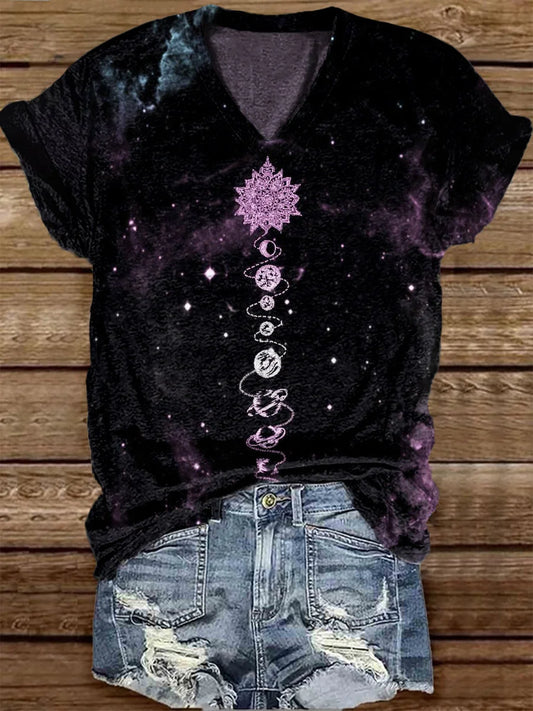 Tarot Card Astral Pattern Casual V-Neck T-Shirt