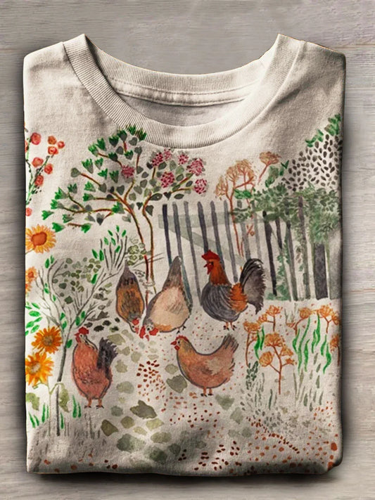 Chicken Print Casaul  Crew Neck T-shirt