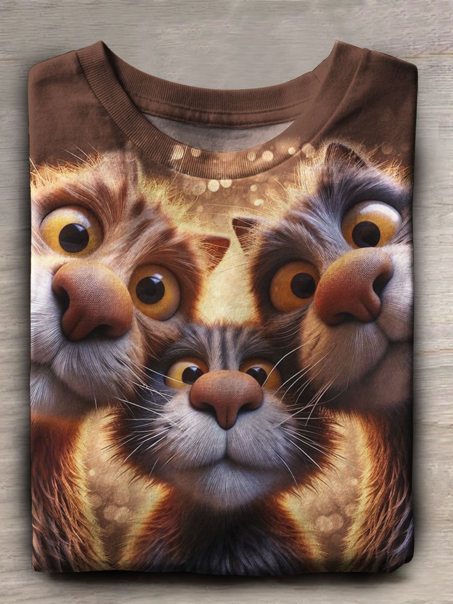 Funny Cat Print Casual Crew Neck T-shirt