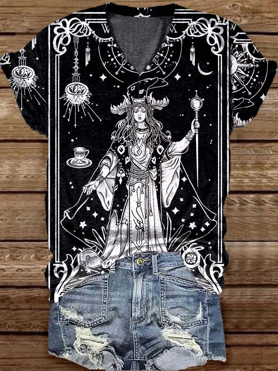 Tarot Witch Astrology Pattern Casual V-Neck T-Shirt