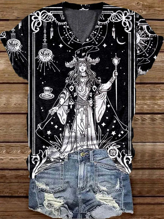 Tarot Witch Astrology Pattern Casual V-Neck T-Shirt