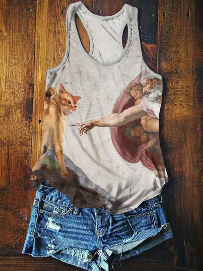 Vintage Funny Cat Art Print Casaul Short Sleeve T-shirt