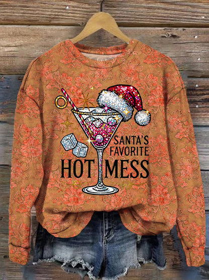 Santa's Favorite Hot Mess Vintage Print Long Sleeve Top