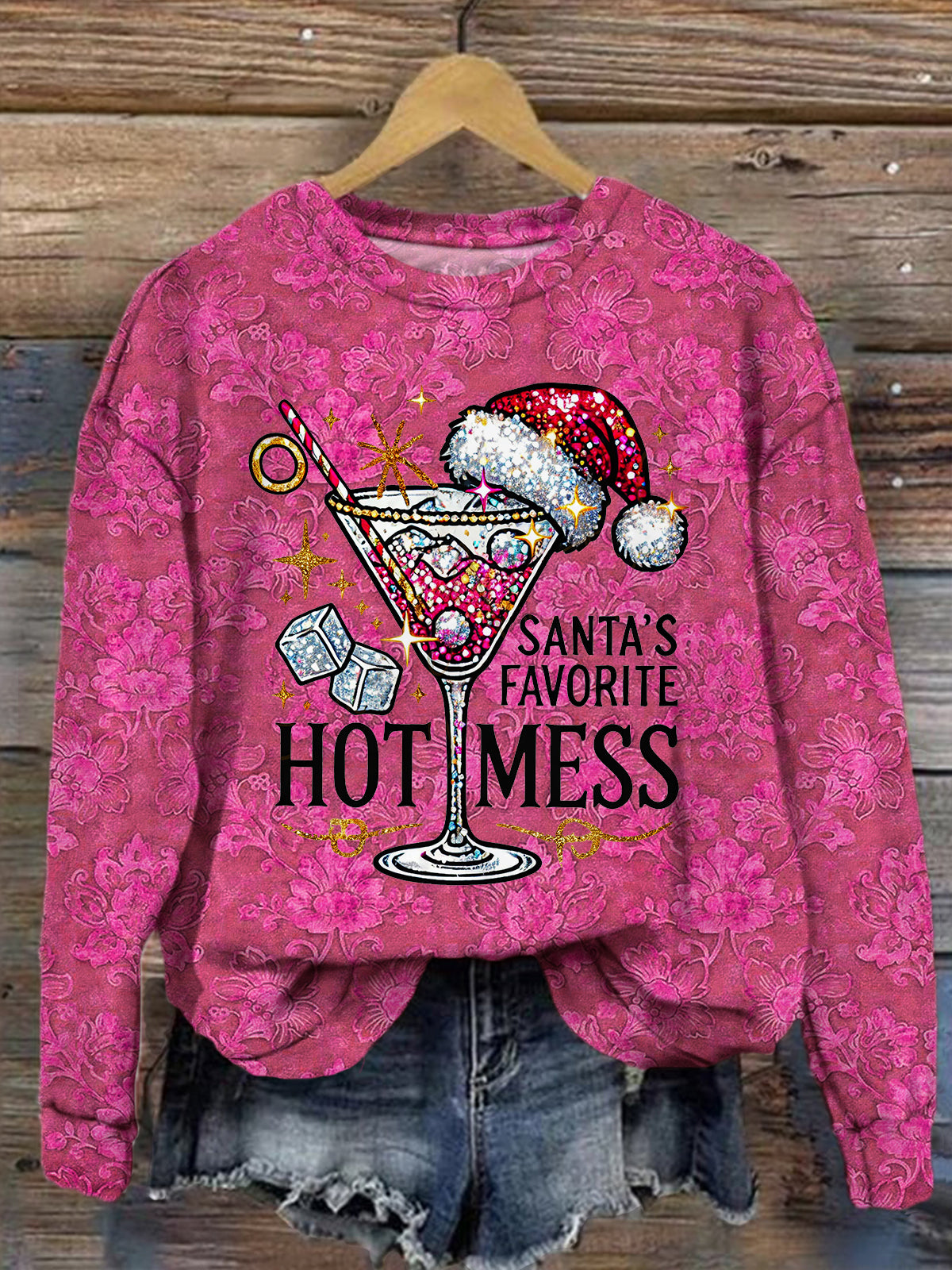 Santa's Favorite Hot Mess Vintage Print Long Sleeve Top