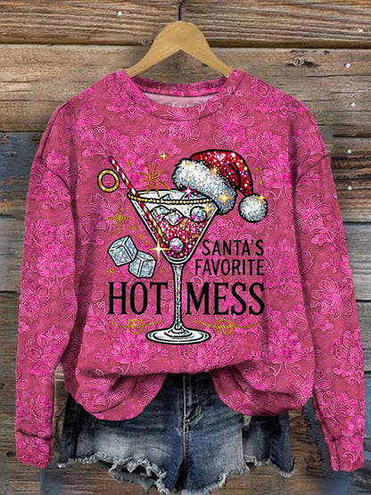 Santa's Favorite Hot Mess Vintage Print Long Sleeve Top