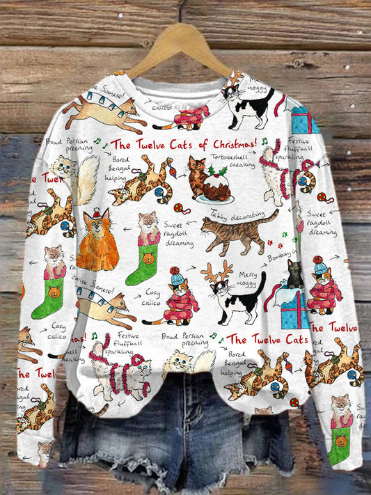 Women's Christmas Cats Print Long Sleeve Top