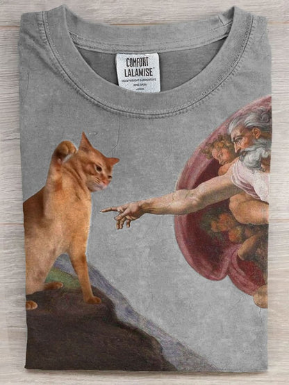 Vintage Funny Cat Art Print Casaul Short Sleeve T-shirt