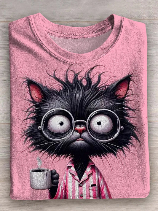 Black Cat Morning Mood Art Print Crew Neck T-shirt