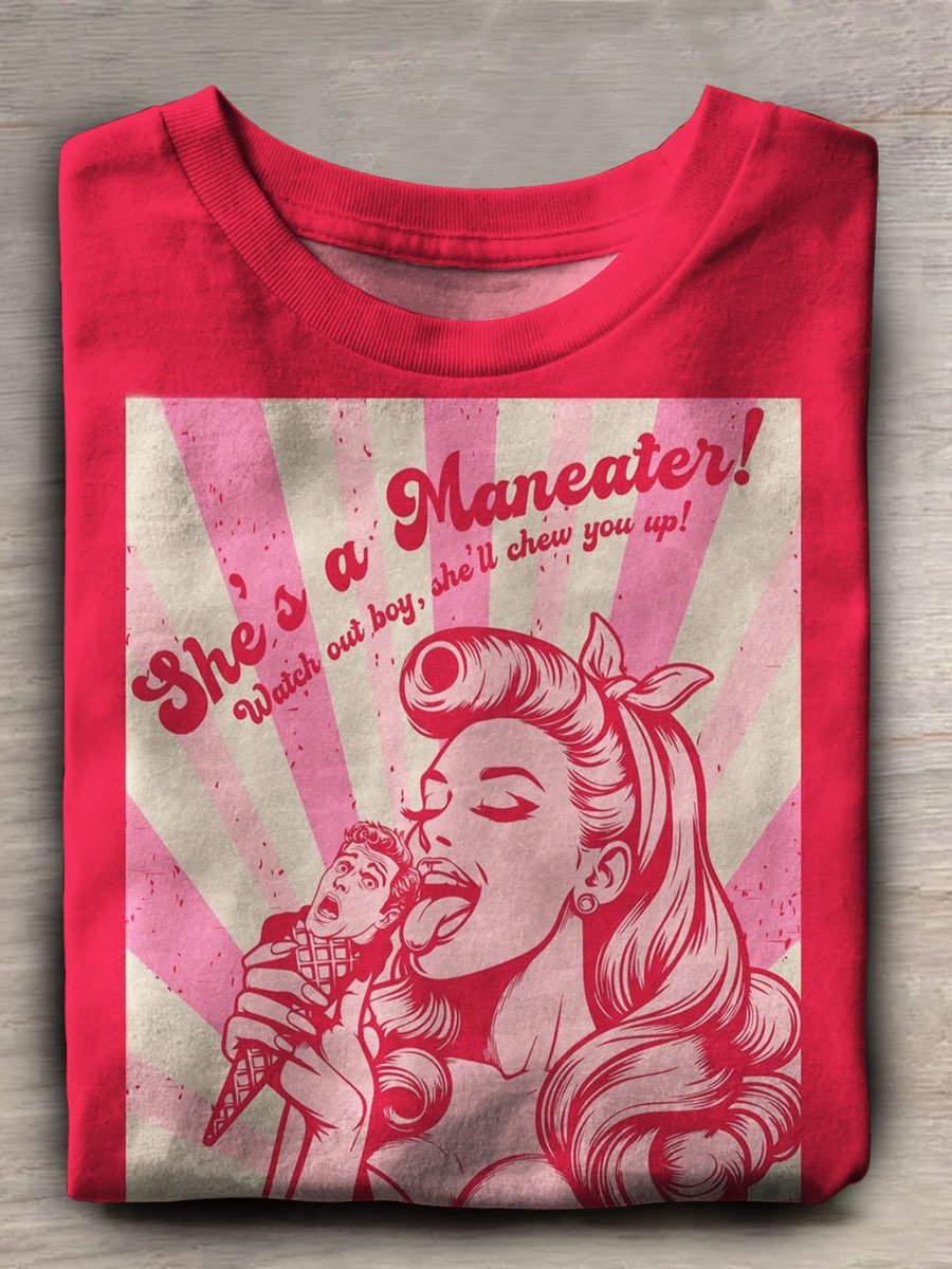 She's A Maneater Funny Print Casual Crew Neck T-shirt