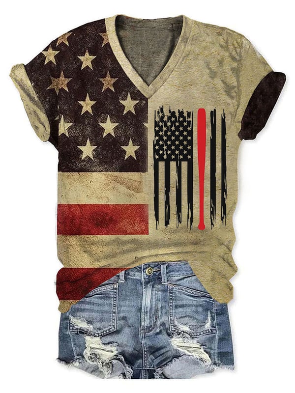 Women's Baseball American Flag Print T-Shirt