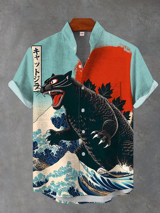 Japanese Ukiyo-E Cat Monster Dinosaur Printing Breast Pocket Cotton Linen Short Sleeve Shirt