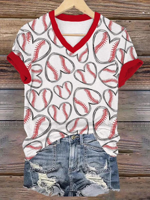 Women's Baseball Love Heart Print V-Neck T-Shirt