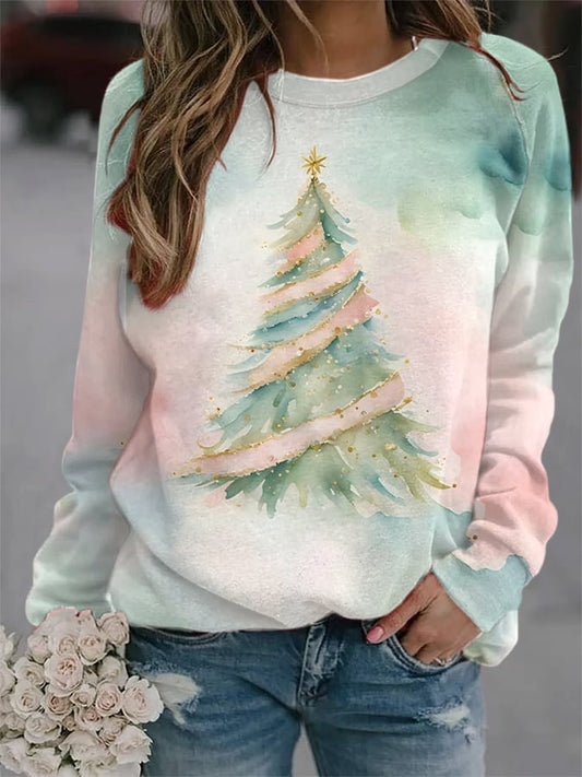 Women's Watercolor Christmas Tree Long Sleeve Top