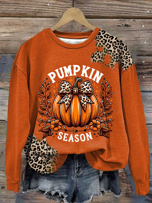 Women's Pumpkin Season Leopard Printed Long Sleeve Top