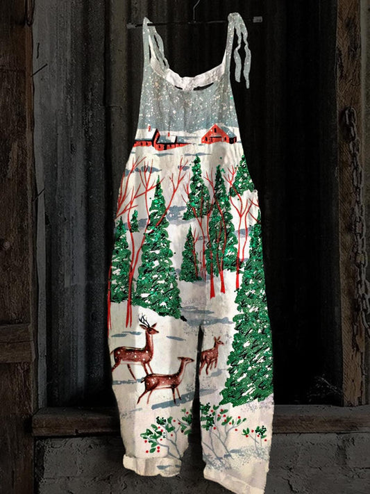 Women's Christmas Sika Deer Snow Scene Printed Casual Loose Jumpsuit