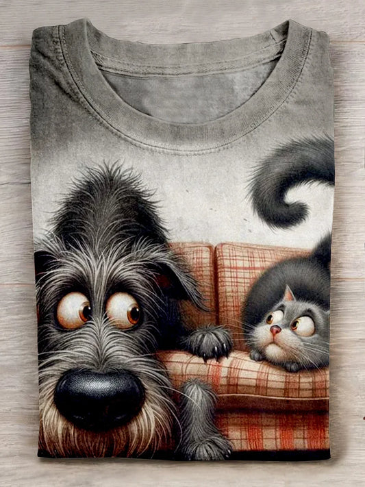 Funny Dog And Cat Art Print Crew Neck T-shirt