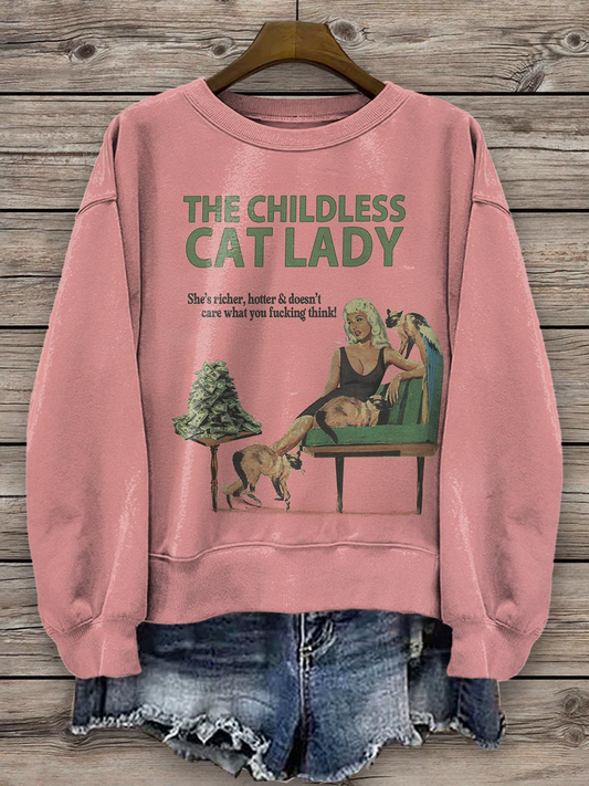 The Childless Cat Lady She's Richer Vintage Print Long Sleeve Top