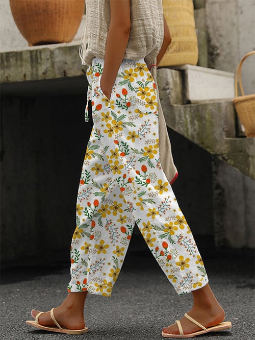 Women's Vintage Floral Print Casual Pants With Pockets