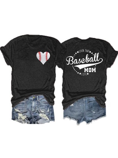 Women's Baseball Mom Print Crew Neck T-shirt