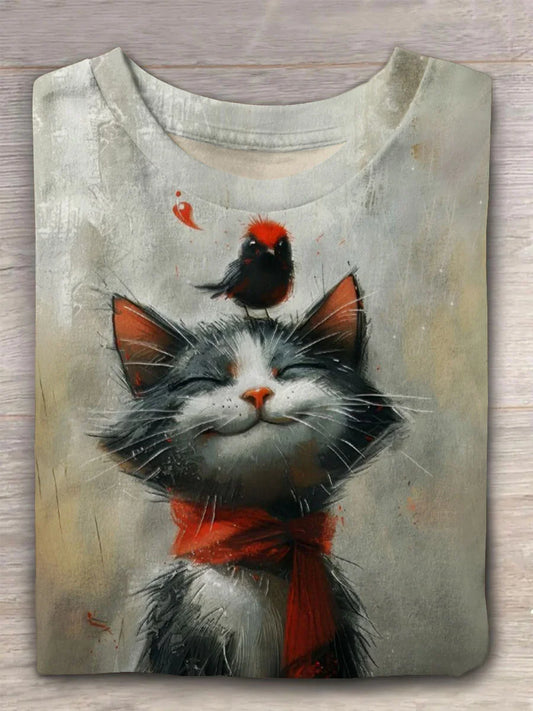 Vintage Cat And Bird Art Print Crew Neck T-shirt