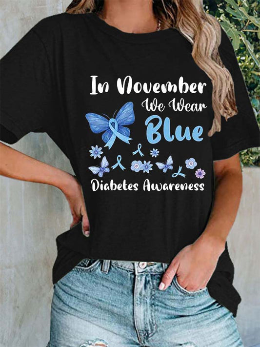 Women's In November We Wear Blue Diabetes Awareness Print T-Shirt