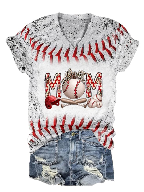 Women's Baseball Mom Print V-Neck T-shirt