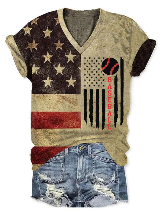 Women's Baseball American Flag Print V-Neck T-Shirt