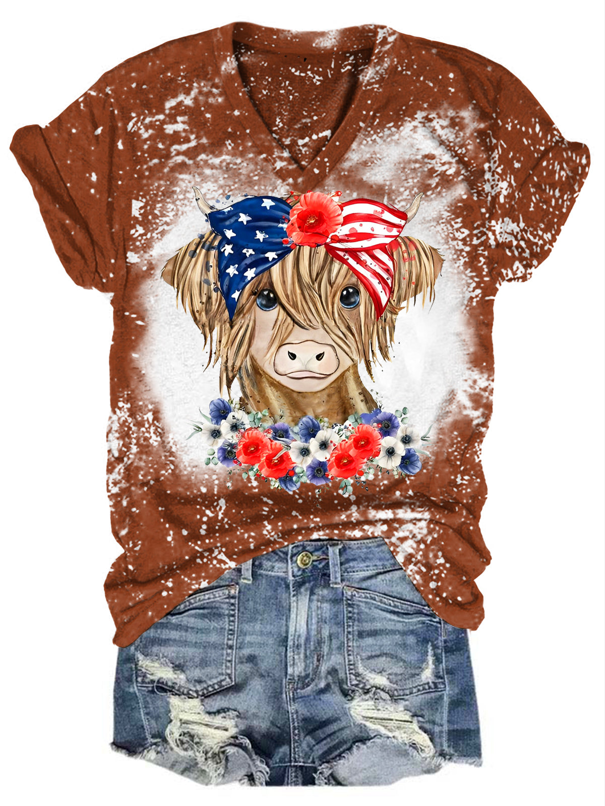 Flag American Cow Print V-Neck T-Shirt