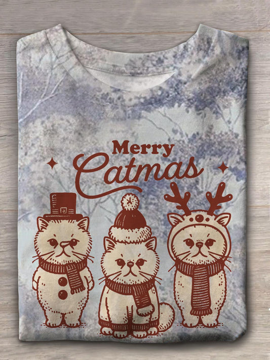 Women's Merry Catmas Cute Kitten Floral Print T-Shirt