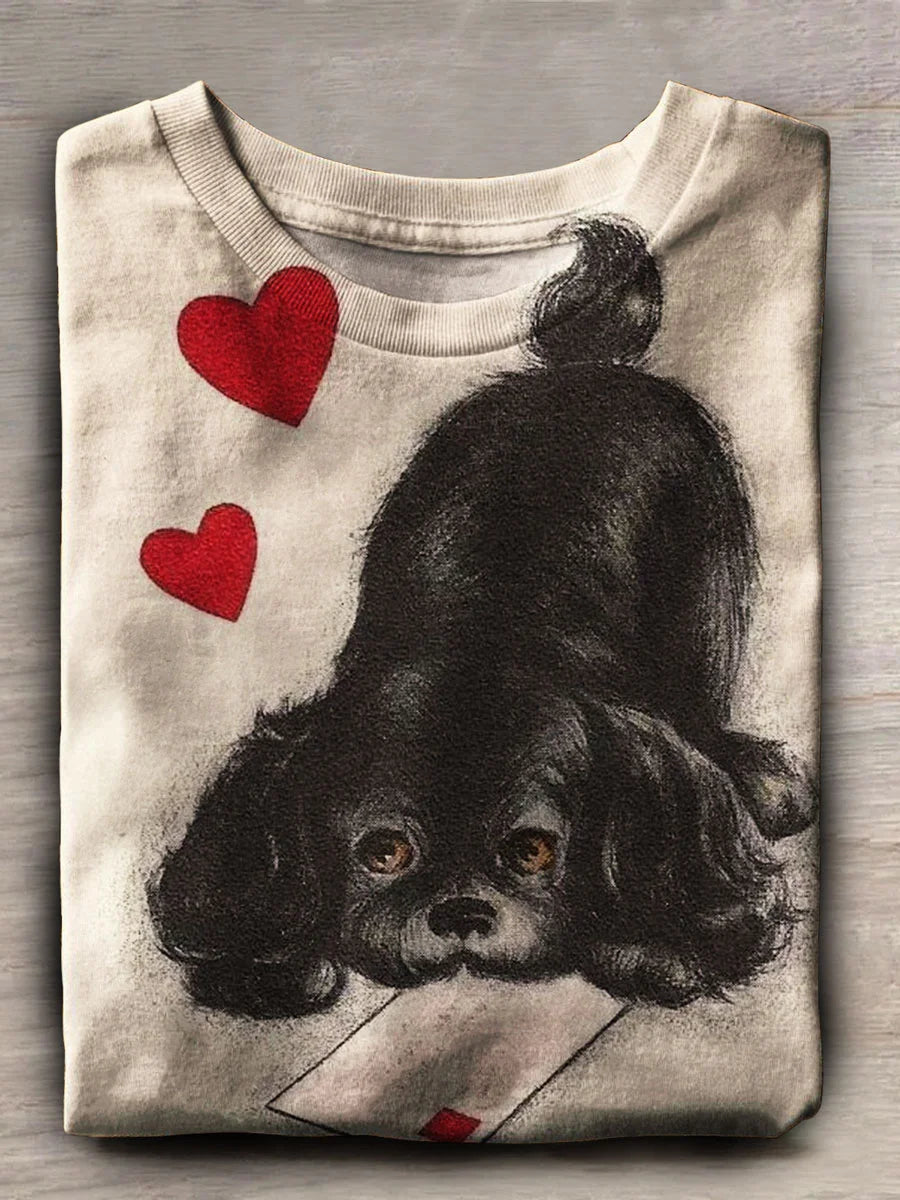 Valentine's Day Dog Print Crew Neck T-shirt