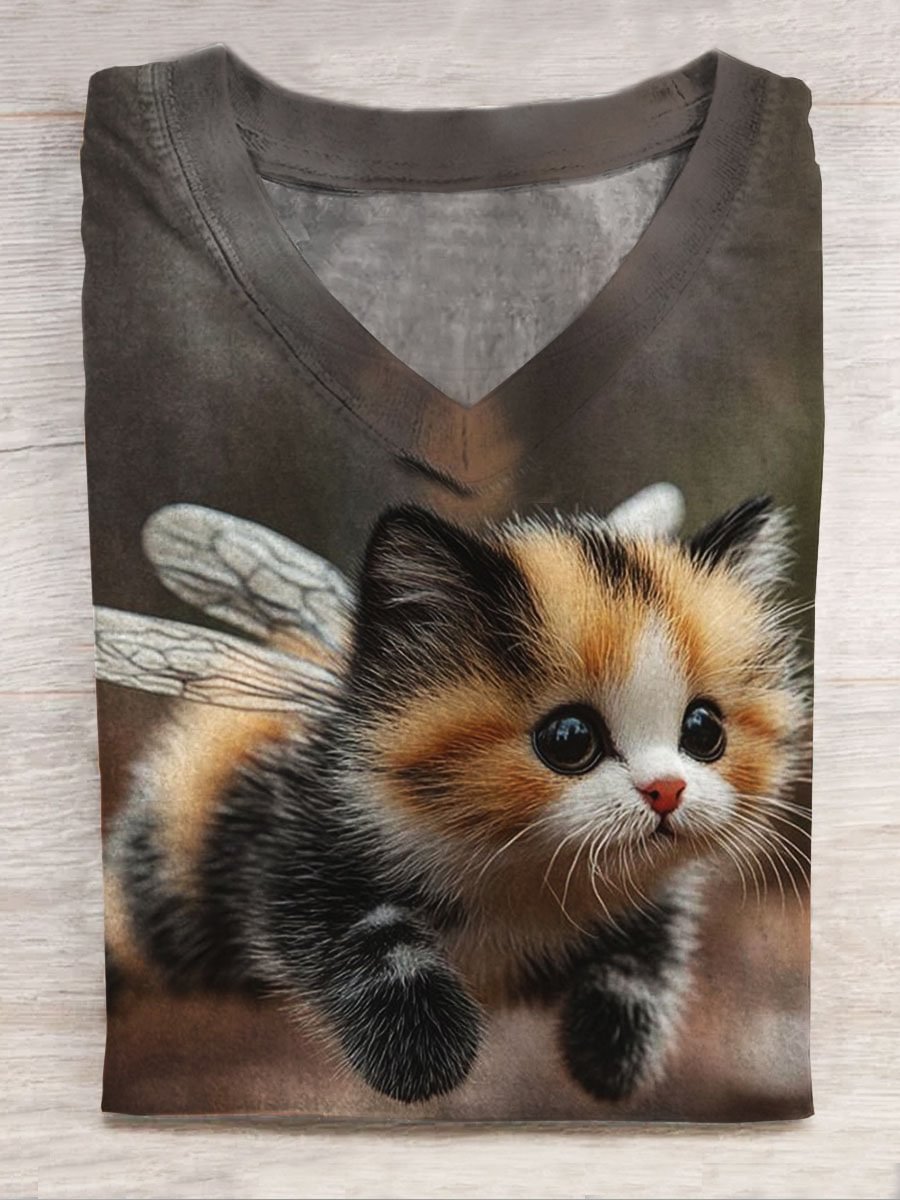 Funny Cat Print Casual V-neck T-shirt