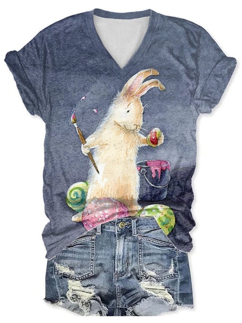 Woman Easter Bunny Eggs Print V-neck T-Shirt