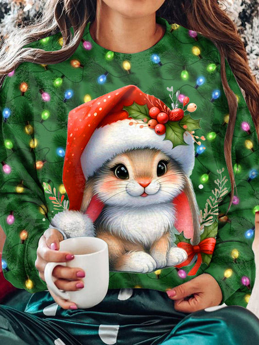 Women's Christmas Rabbit Print Long Sleeve Top