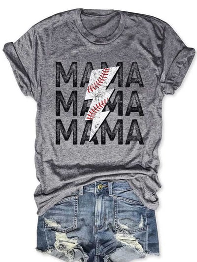 Women's Baseball Mom Print Crew Neck T-shirt