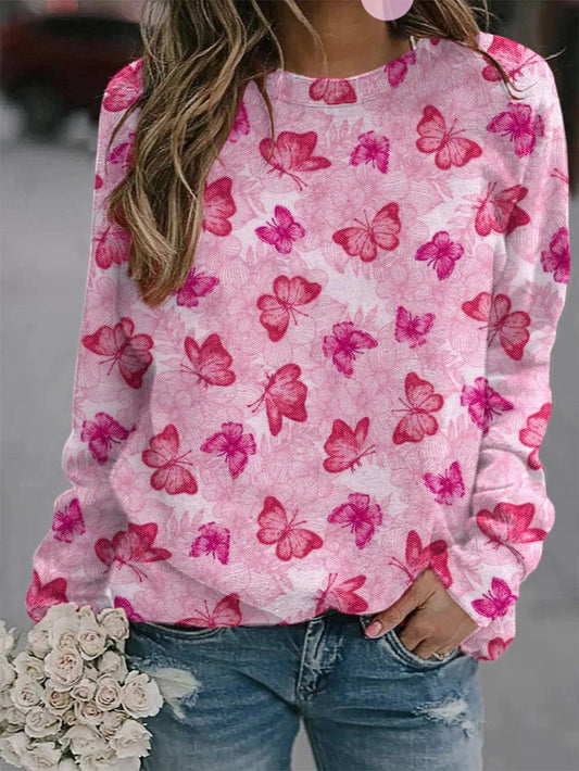 Women's Butterflies Floral Print Long Sleeve Top