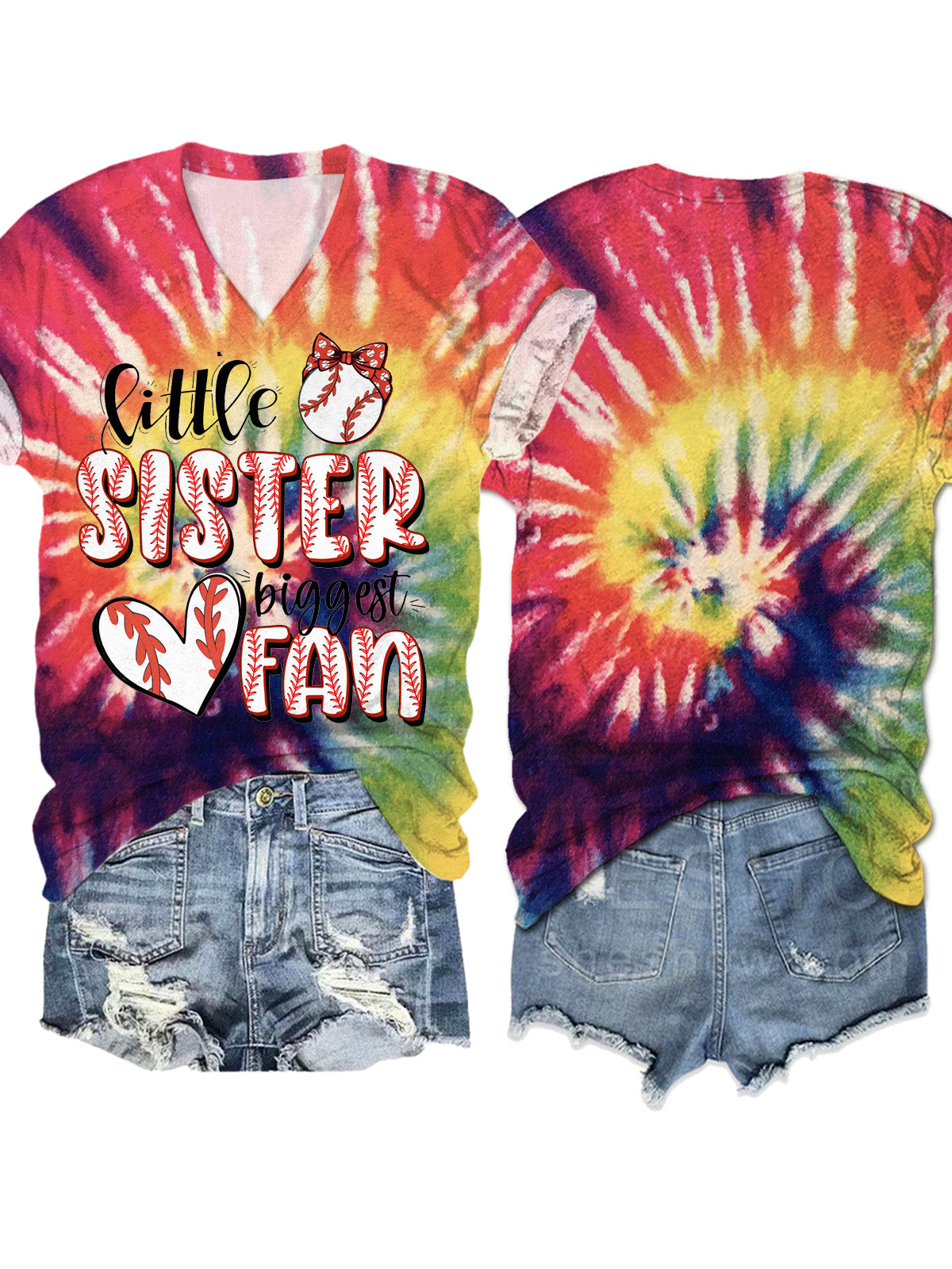 Little Sister Biggest Fan Baseball Fan Tie Dye Print T-Shirt