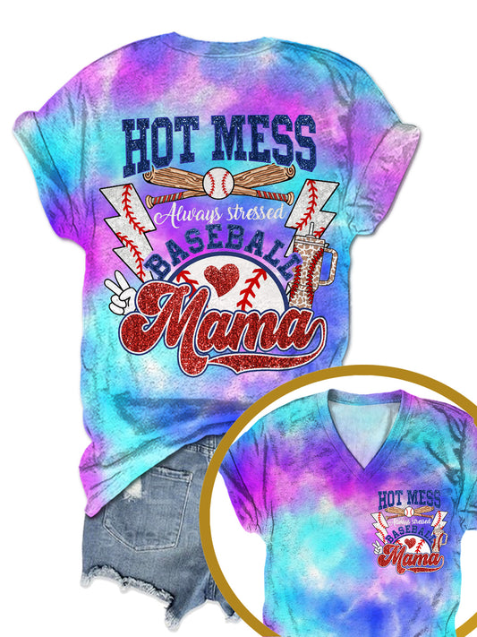 Hot Mess Always Stressed Baseball Mama Print T-Shirt