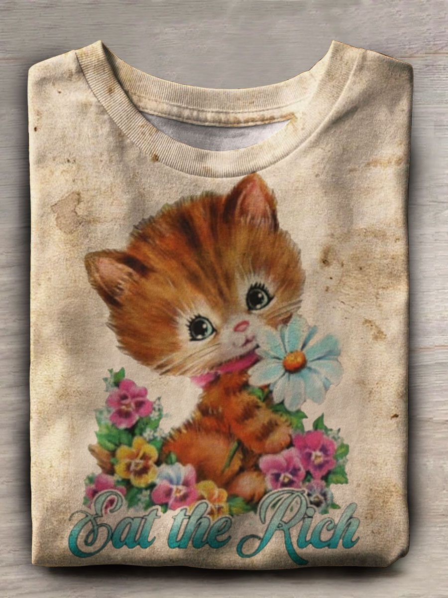 Eat The Rich Vintage Cat Print Casual T-shirt