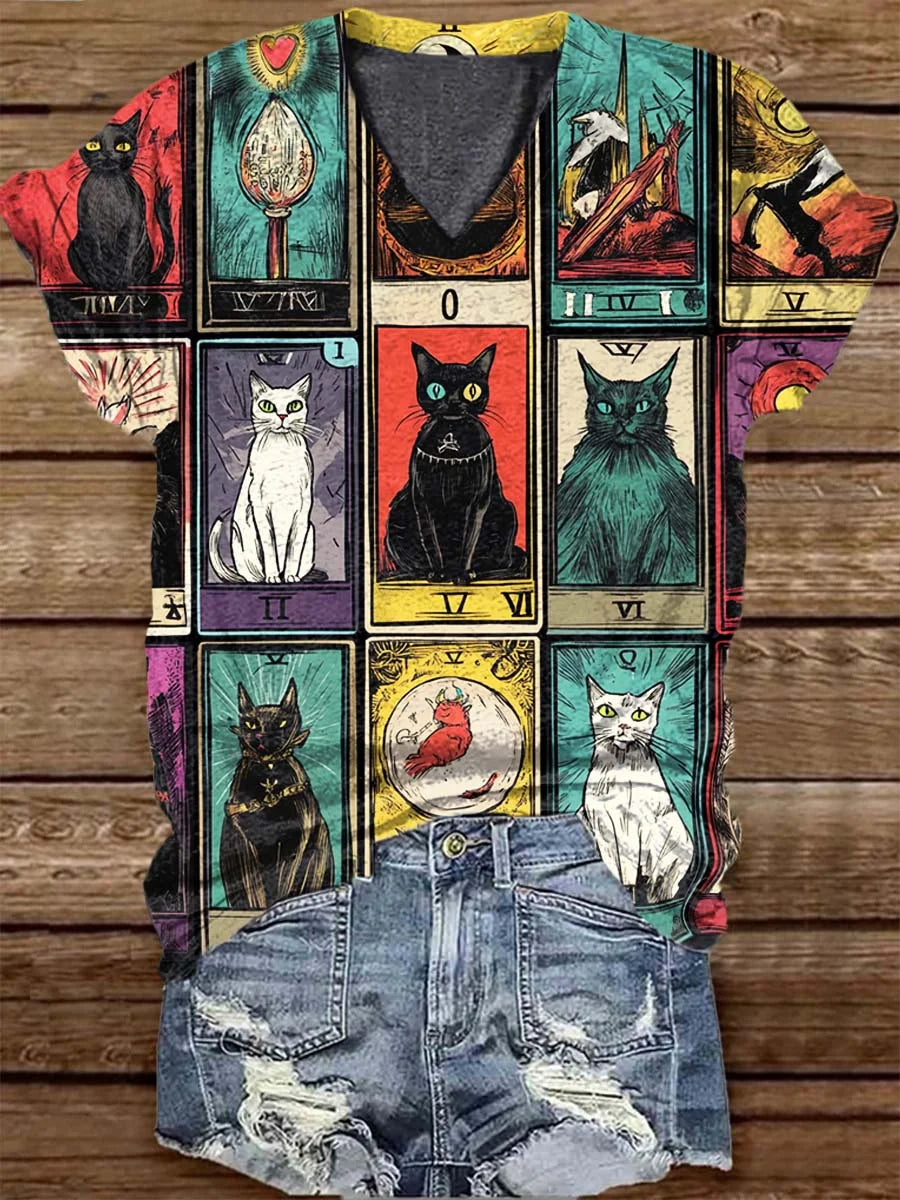 Cat Tarot Card Pattern Print V-neck T-Shirt