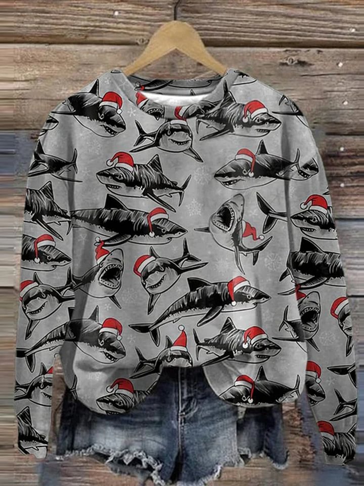 Women's Christmas Shark Print Casual Long Sleeve Top