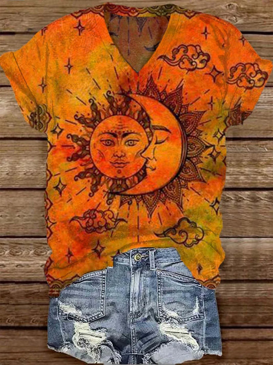 Tarot Sun and Moon Pattern Print V-neck T-Shirt