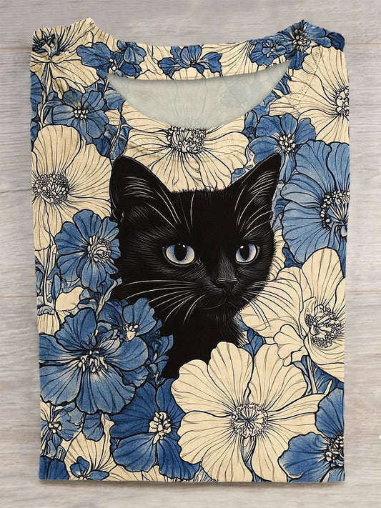 Women's Vintage Flower Cat Print Crew Neck T-shirt