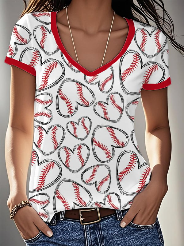 Women's Baseball Love Heart Print V-Neck T-Shirt