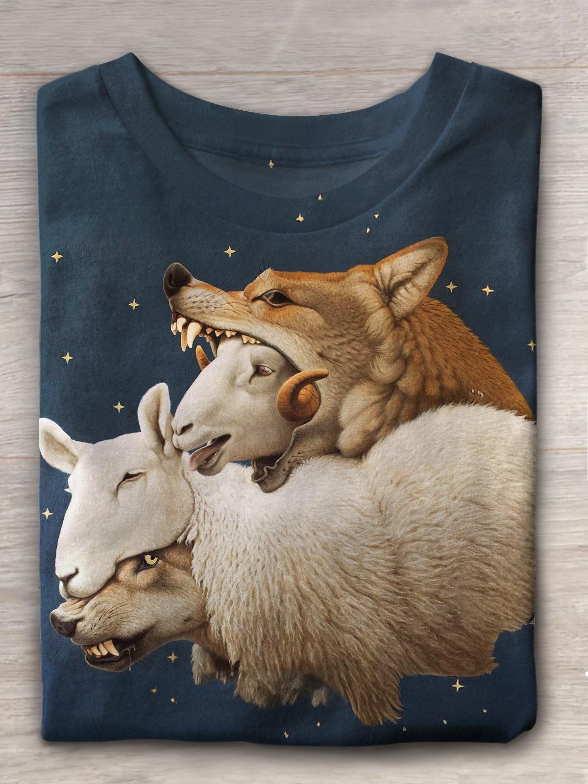 Women's Sheep Dress Up Wolf Hunter Game Fun Printed Casual T-shirt