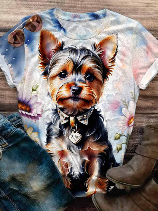 Flower Dog Watercolor Crew Neck T-shirt