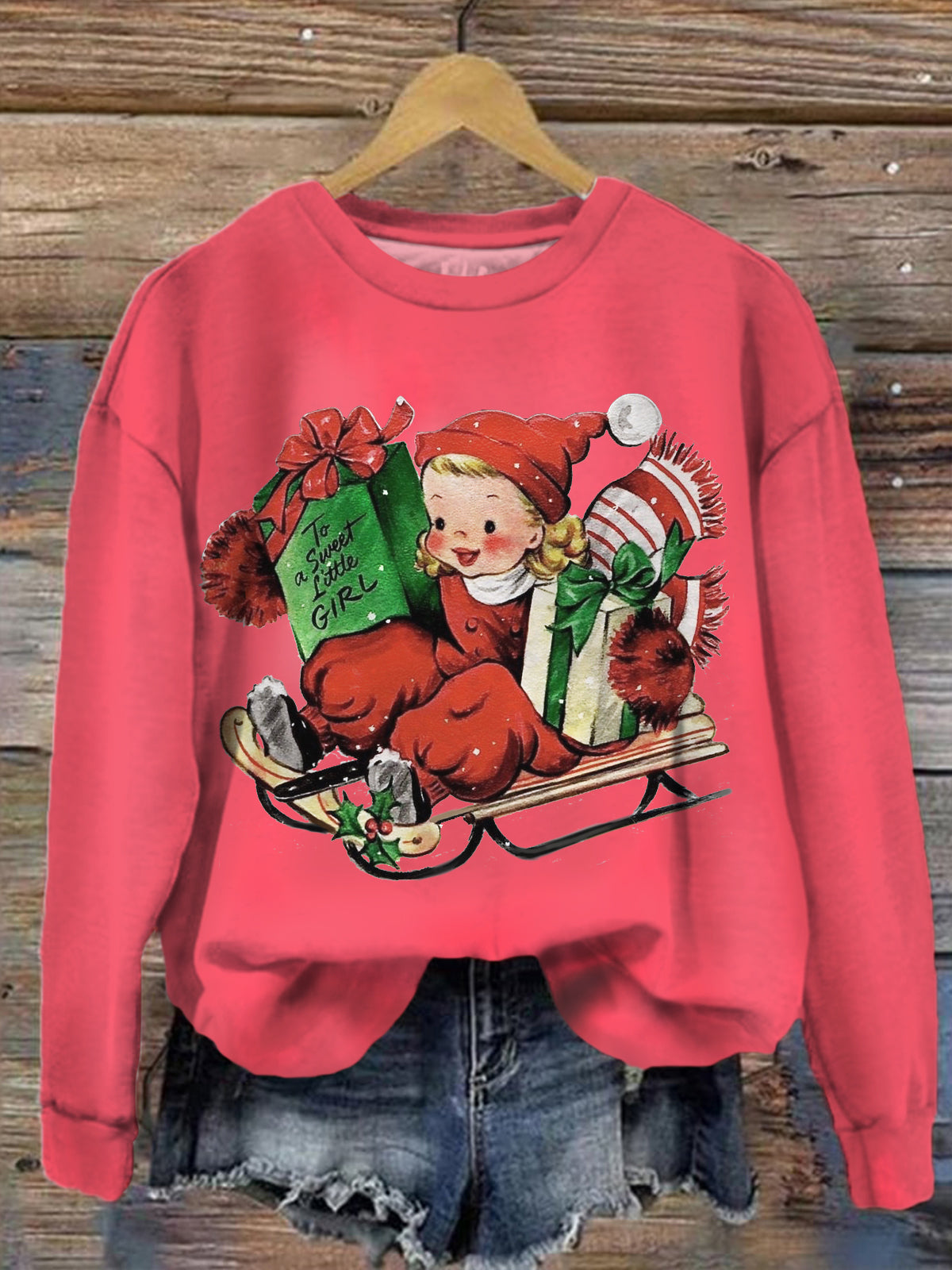 Women's Christmas Girls Ski Vintage Print Long Sleeve Top