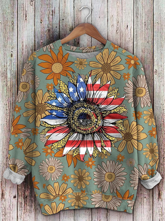 Women's Flag Floral Print Crew Neck Long Sleeve Top