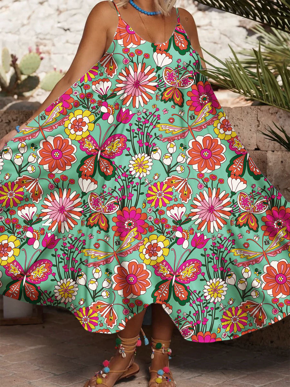 Women's Flowers And Butterfly Printed Casual Spaghetti Strap Dress