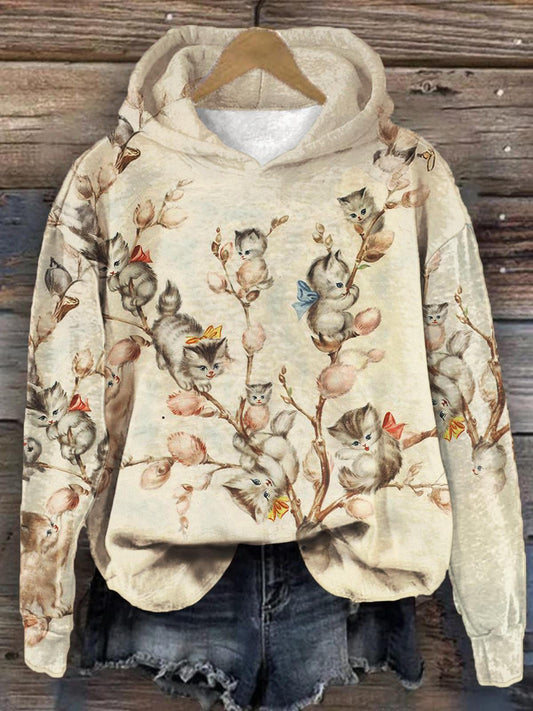 Cute Cat Animal Tree Retro Print Hooded Long Sleeve Top