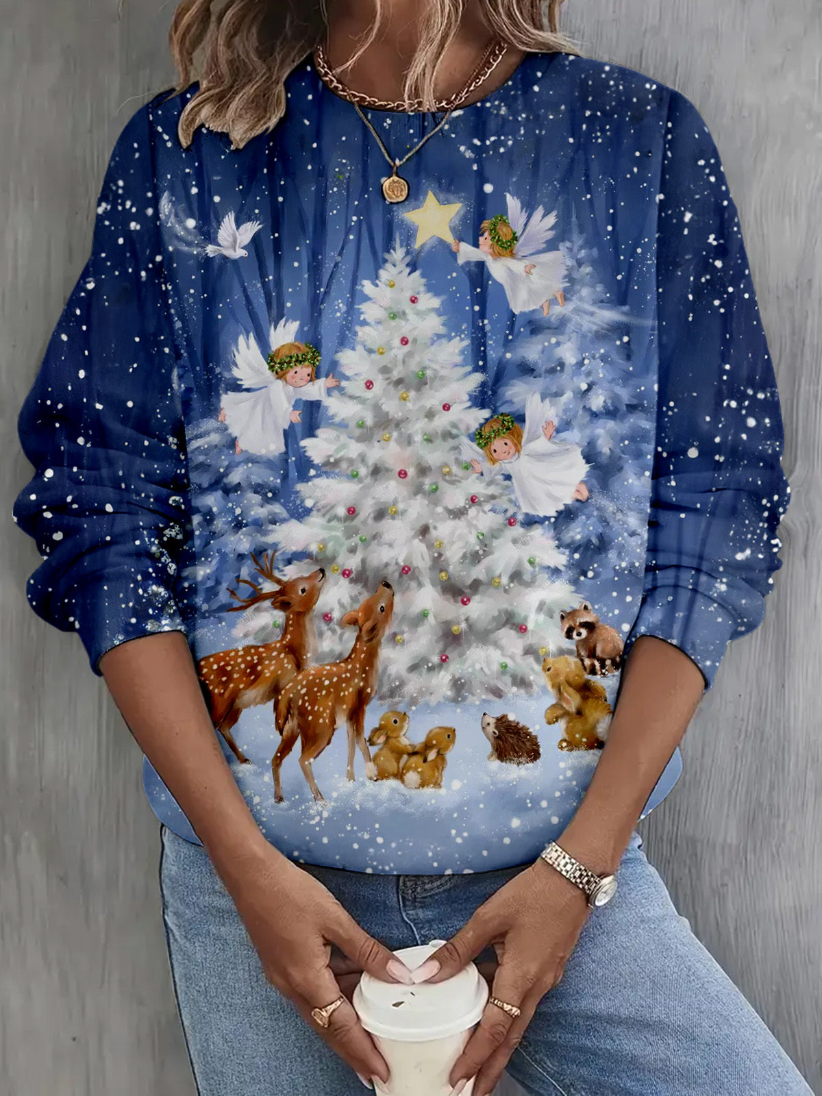 Christmas Angel And Reindeer Long Sleeve Casual Top